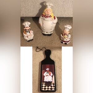 Chef set of Cookie Jar, Salt & Pepper Shakers, and 
Decorative Chef Wall Plaque